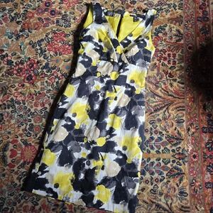 Yellow and black floral, sleeveless, fitted, cocktail, wedding guest dress 6